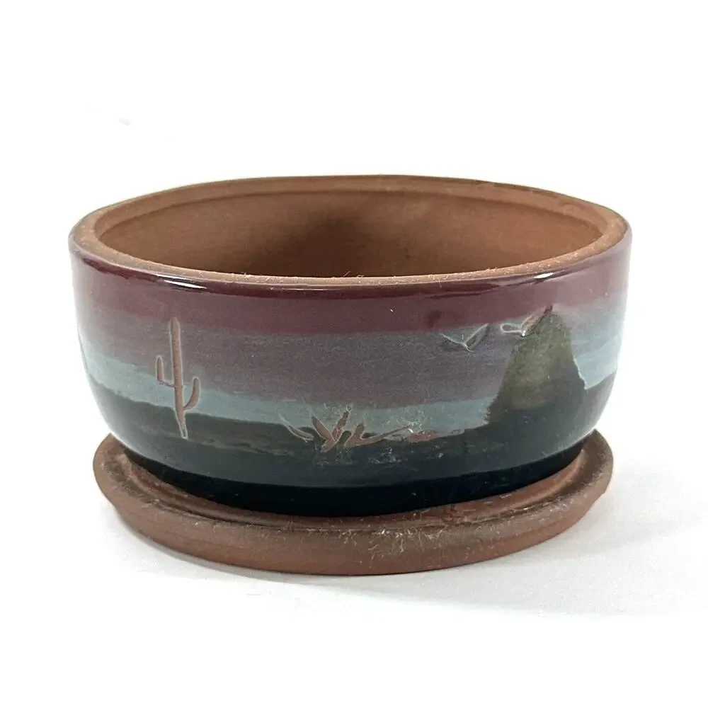Superstition Stoneware Southwest Desert Cactus Pottery Planter Built-In Saucer